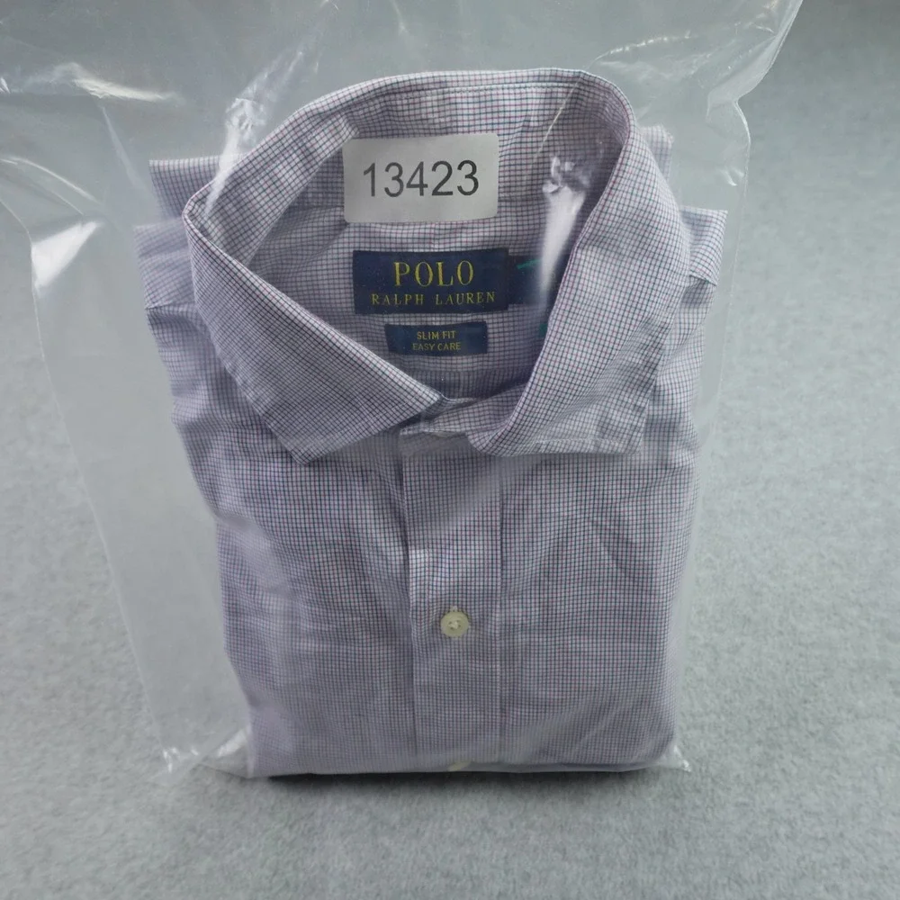 Polo Ralph Lauren Shirt Mens 15 32/33 Purple Slim Fit Dress Easy Care Gingham
